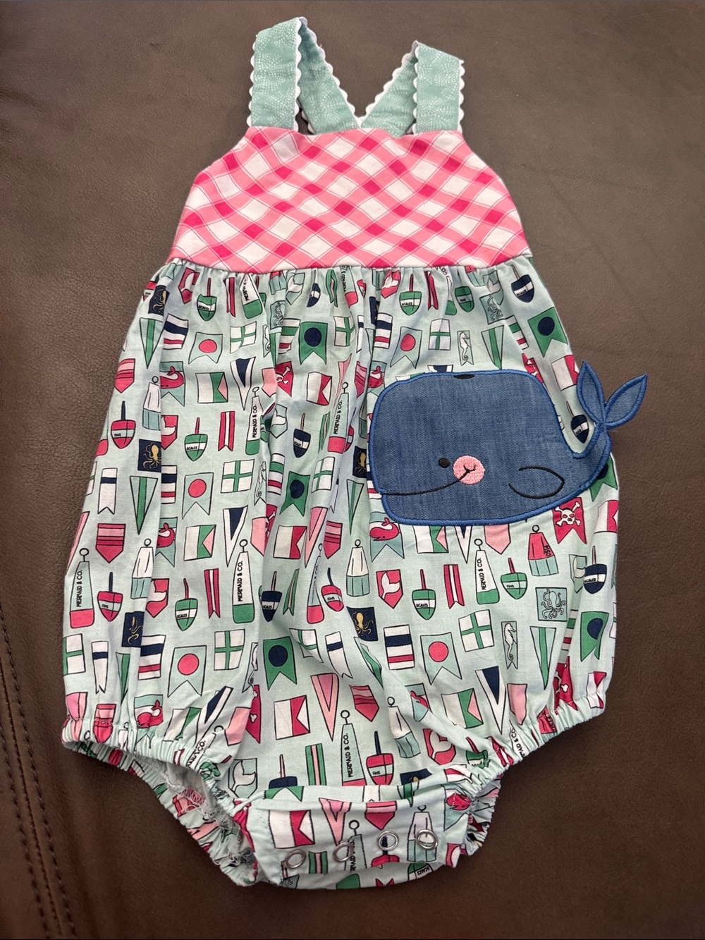 Whale Applique Pink & Aqua Bubble Romper for Girls